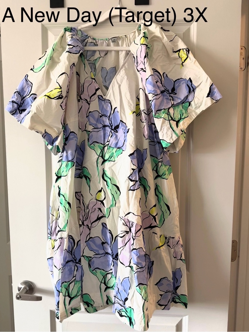 Ava & Viv White Floral V-Neck Swing Dress with Blue, Green & Purple Print